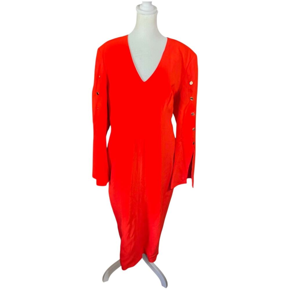 Karen Millen Red Sheath Dress US 14 V Neck Stud Sleeve Bodycon Cocktail Midi